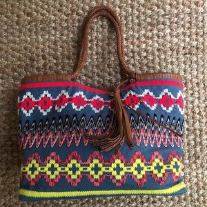 Tory Burch Taylor Aztec Linen Tote with Calf Leather.
